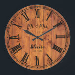 Wedding Anniversary Rustic Wood Mr Mrs Country Large Clock<br><div class="desc">Mr. and Mrs. large clock,  for wedding anniversary,  featuring antique illustration,  from vintage book,  with roman numerals,  over rustic wood texture,  and custom family name,  in black script. Great for country decor,  easily customise with your text and favourite colours (text and clock face).</div>