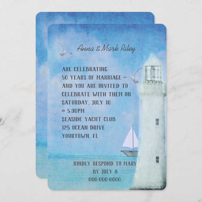 wedding anniversary-sailboat  and ocean lighthouse invitation (Front/Back)