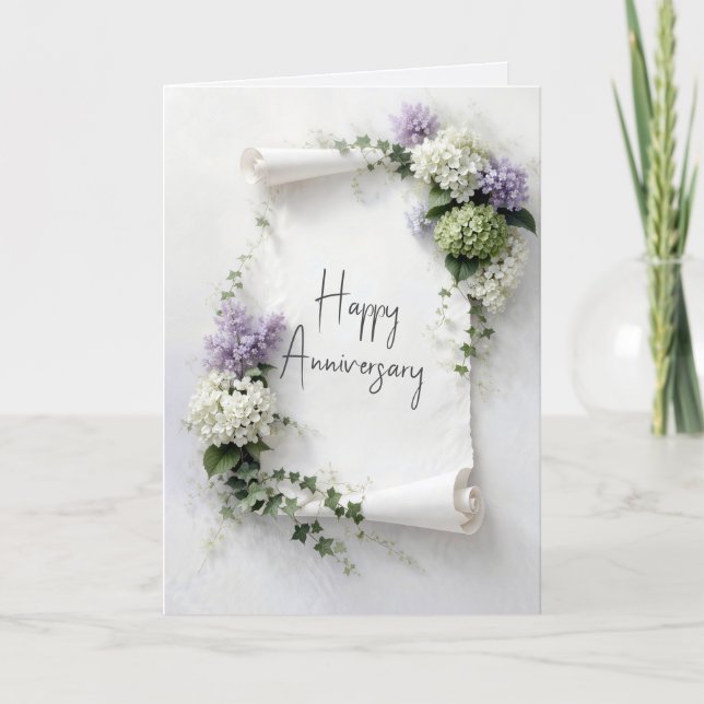 Wedding Anniversary Scroll Lilacs and Hydrangeas  Card (Front)