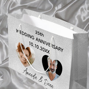 Wedding anniversary silver photo heart large gift bag