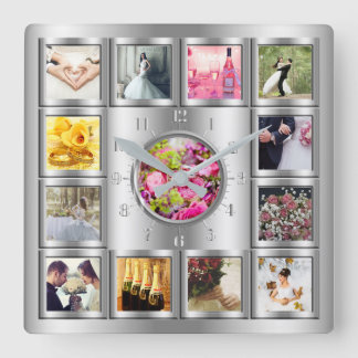 Wedding, Anniversary, Special Event Silver Collage Square Wall Clock