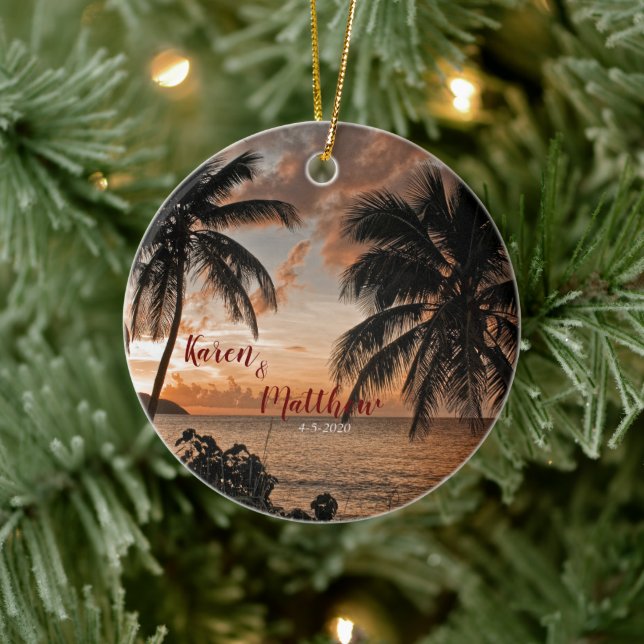 Wedding Anniversary Tropical Sunset Beach Custom Ceramic Ornament (Tree)