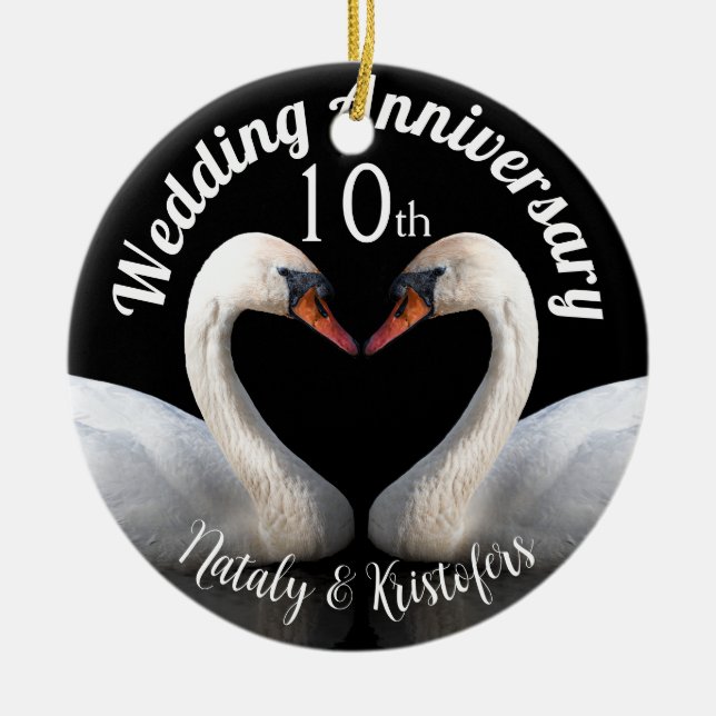 Wedding Anniversary two swans Black Ceramic Ornament (Front)