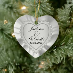 Wedding /Anniversary - White Satin and Silver Ceramic Ornament