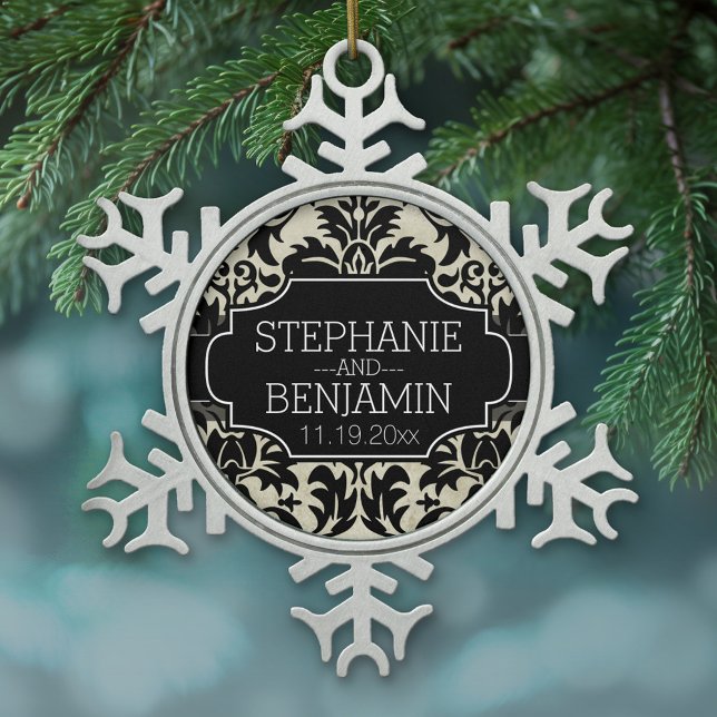 Wedding Anniversary with Bride and Groom Names Snowflake Pewter Christmas Ornament (Personalized Pewter Christmas Ornament - Wedding Anniversary)