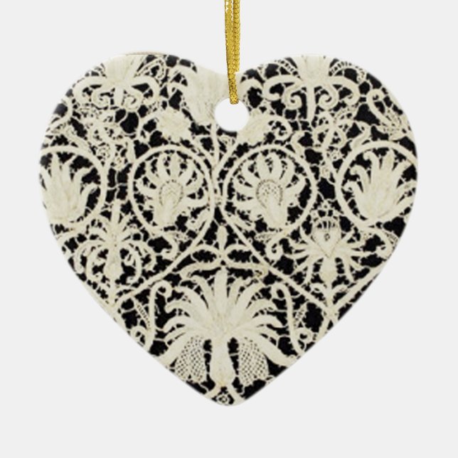 Wedding Antique Lace Linen White Classic Pretty Ceramic Ornament (Front)