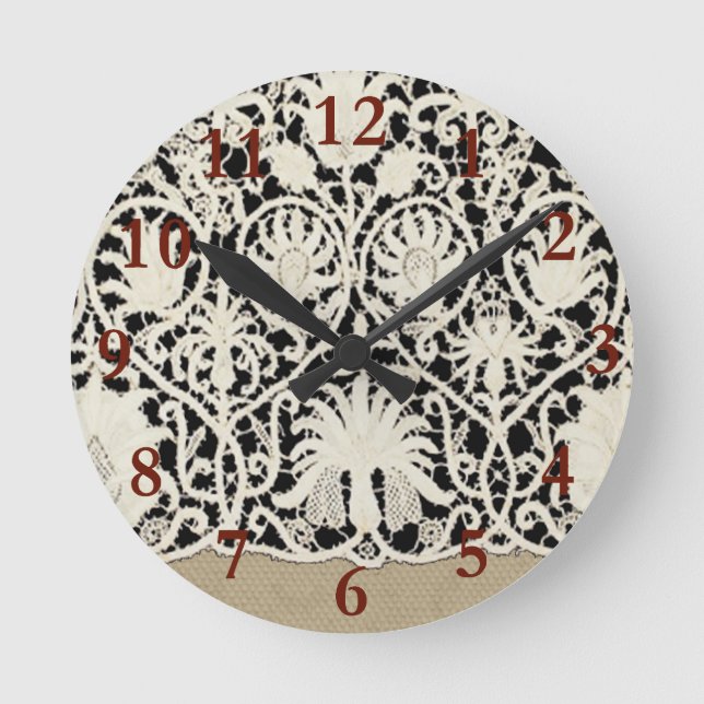 Wedding Antique Lace Linen White Classic Pretty Round Clock (Front)