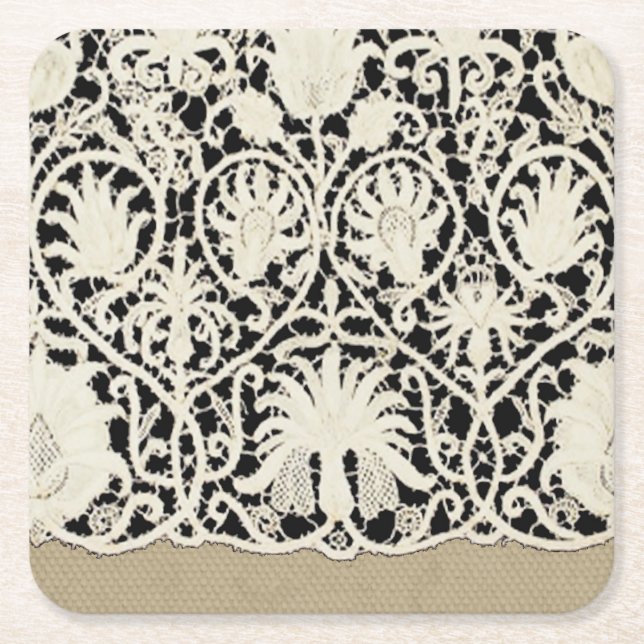 Wedding Antique Lace Linen White Classic Pretty Square Paper Coaster (Front)