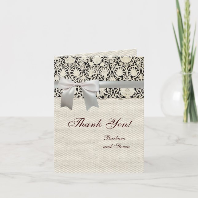 Wedding Antique Lace Linen White Classic Pretty Thank You Card (Front)