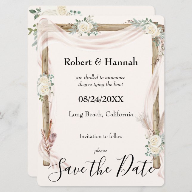 Wedding Arch and Roses Cream Gold Save the Date  (Front/Back)