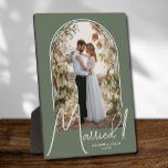 Wedding Arch Photo Sage Green Plaque<br><div class="desc">A special keepsake features your wedding photo in an elegant arch design with the text "Married" in chic text along with your names and wedding date on a sage green background. Beautiful gift for your family and a fabulous memory to display in your own home. BACKGROUND colour can be changed!...</div>