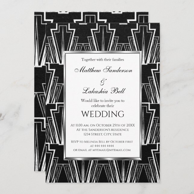 Wedding Art Deco Black and White Invitation (Front/Back)