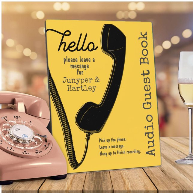 Wedding Audio Guest Book Black Phone Mustard 8x10 Plaque (Hello - Wedding Audio Guest Book Sign in Mustard Yellow)