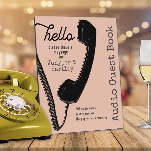 Wedding Audio Guest Book Black Phone on Pink 8x10 Plaque (Hello - Wedding Audio Guest Book Sign in Pink)