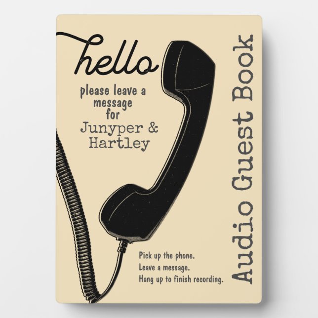 Wedding Audio Guest Book Sign Black Phone on Cream Plaque (Front)