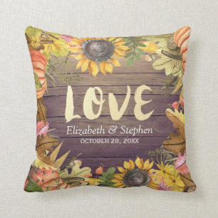 Wedding Autumn Maple Leaves Pumpkin Sunflower Wood Cushion