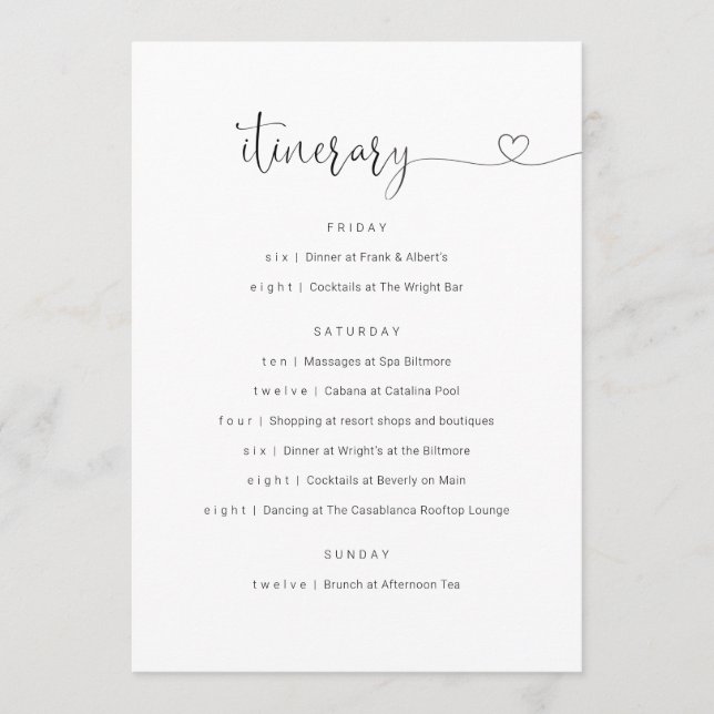 Wedding / Bachelorette Party / Birthday Itinerary Program (Front)