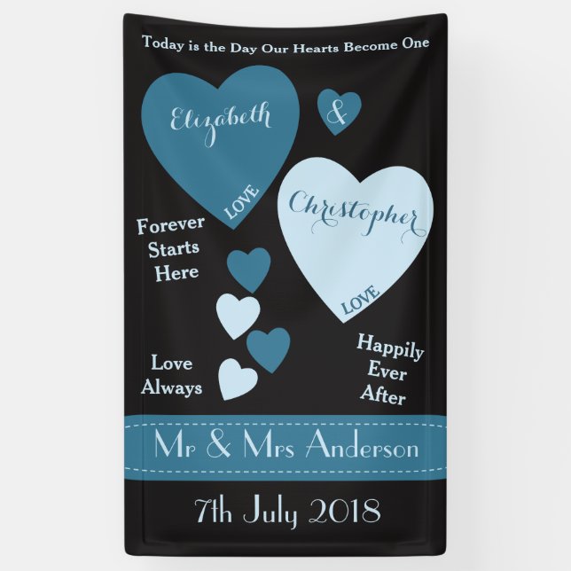 Wedding Backdrop Blue and black with love hearts Banner (Vertical)