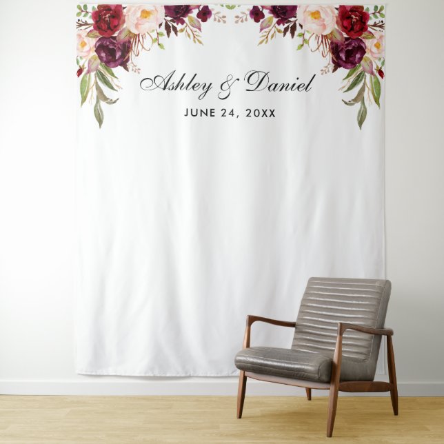 Wedding Backdrop Burgundy Floral Photo Booth Prop Tapestry (In Situ)