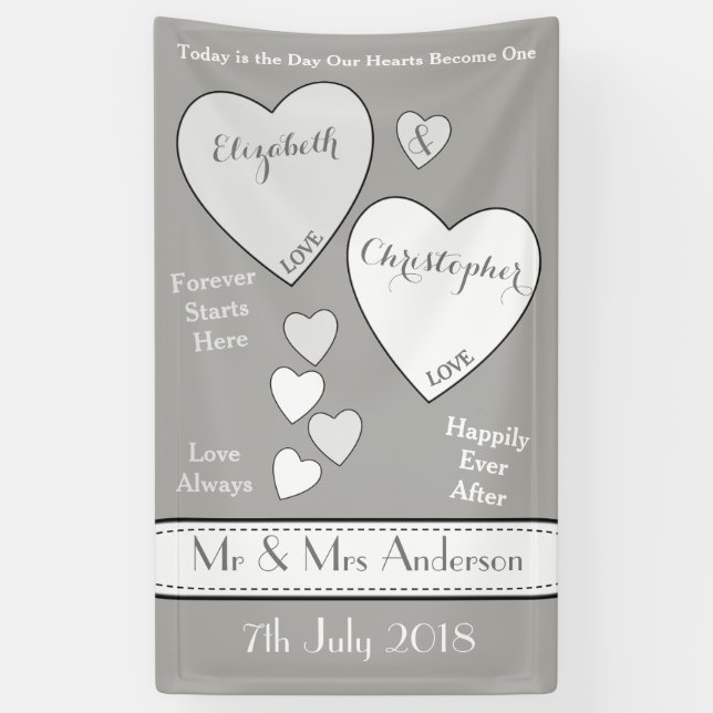 Wedding Backdrop grey and white with love hearts Banner (Vertical)
