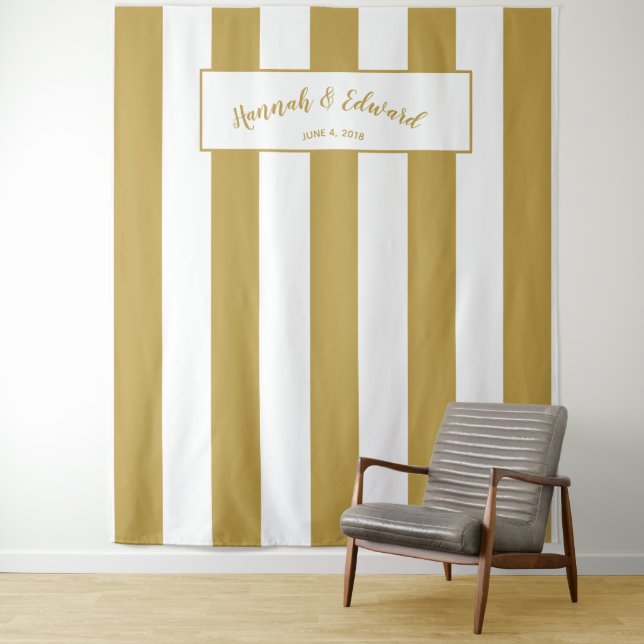 Wedding backdrop, photo prop, custom gold & white tapestry (In Situ)