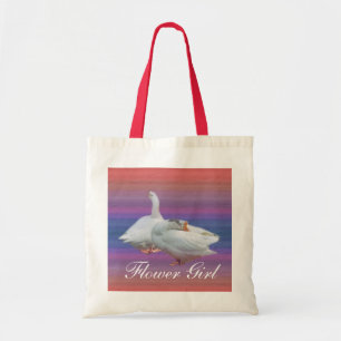 wedding bag. two white geese in fancy background. tote bag