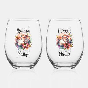 Wedding Bands Floral Design Signature Stemless Wine Glass