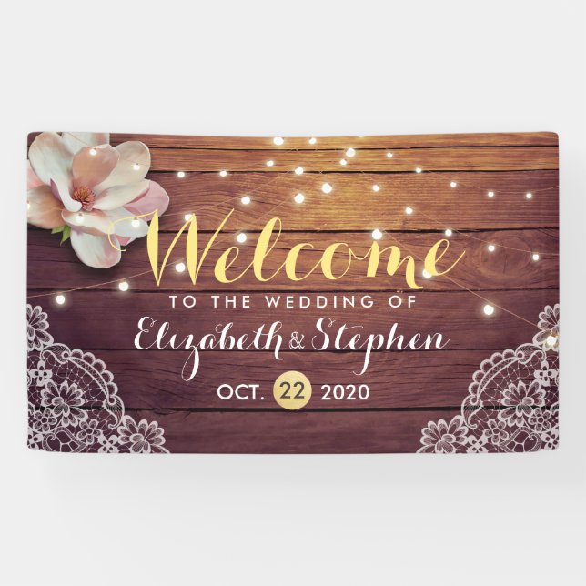 Wedding Banner Floral String Light Wood Lace Decor (Horizontal)