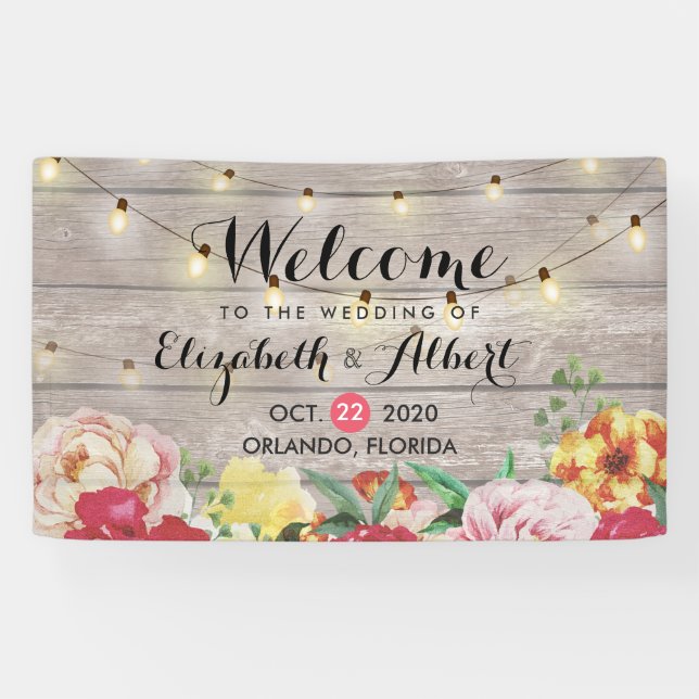 Wedding Banner Flowers String Lights Rustic Wood (Horizontal)
