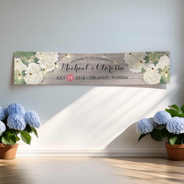 Wedding Banner Flowers & String Lights Rustic Wood (Creator Uploaded)