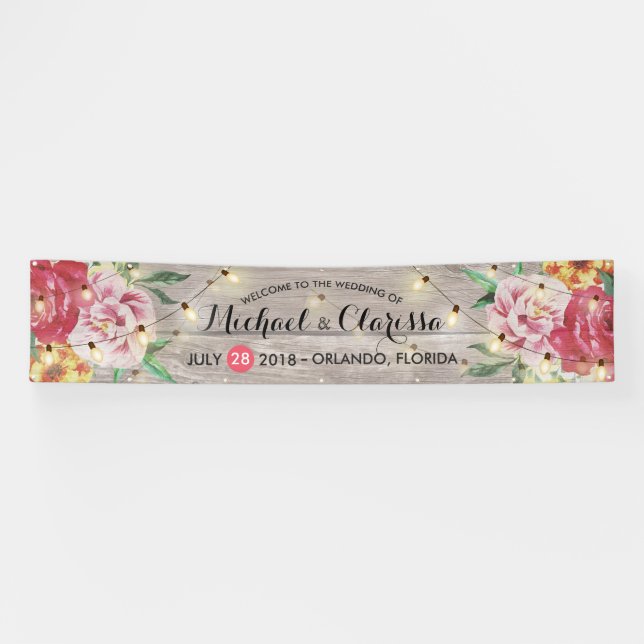 Wedding Banner Flowers & String Lights Rustic Wood (Horizontal)