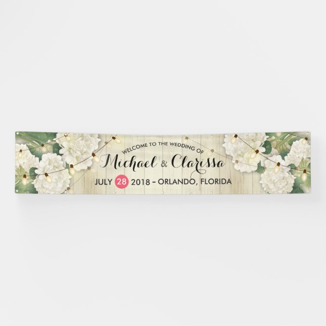 Wedding Banner Flowers & String Lights Rustic Wood (Horizontal)