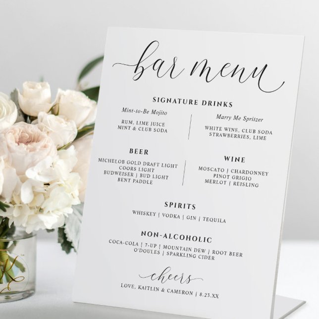 Wedding Bar Drinks Menu Elegant Signature Drinks Pedestal Sign (Elegant Wedding Bar Menu Table Sign)