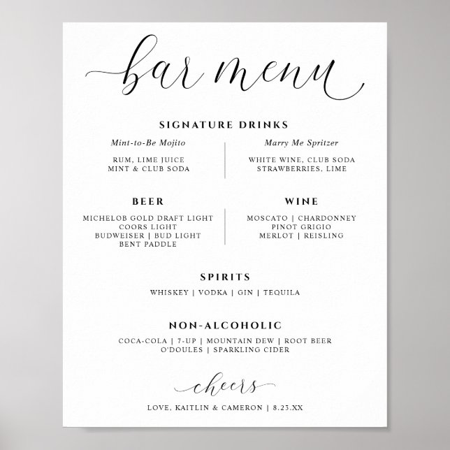 Wedding Bar Drinks Menu Elegant Signature Drinks Poster (Front)