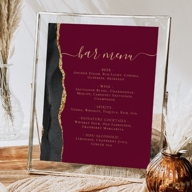 Wedding Bar Menu Black Gold Agate Burgundy Poster (Creator Uploaded)