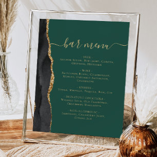 Wedding Bar Menu Black Gold Agate Emerald Green Poster