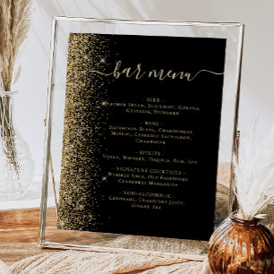 Wedding Bar Menu Black Gold Glitter Poster