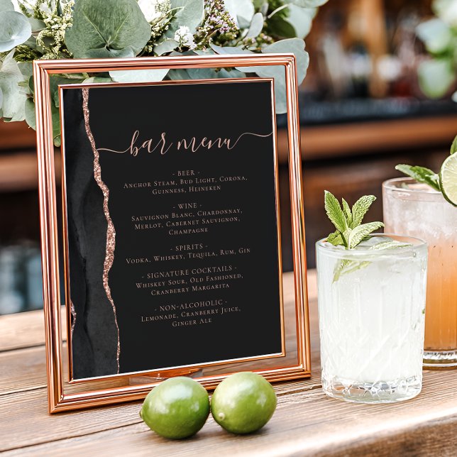 Wedding Bar Menu Black Rose Gold Agate Dark Poster (Creator Uploaded)
