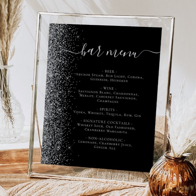 Wedding Bar Menu Black Silver Glitter Poster (Creator Uploaded)