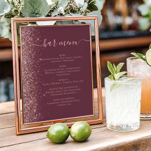 Wedding Bar Menu Burgundy Rose Gold Glitter Poster