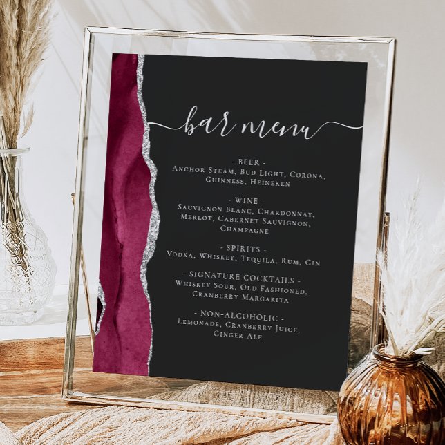Wedding Bar Menu Burgundy Silver Agate Dark Poster (Creator Uploaded)