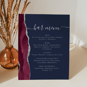 Wedding Bar Menu Burgundy Silver Agate Navy Blue Pedestal Sign