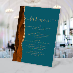 Wedding Bar Menu Burnt Orange Gold Agate Teal Pedestal Sign