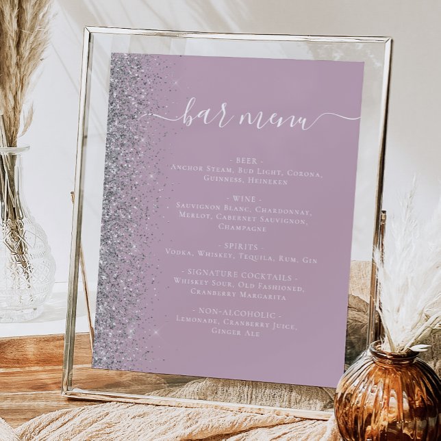 Wedding Bar Menu Dusty Lilac Silver Glitter Poster (Creator Uploaded)