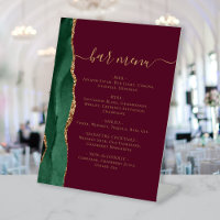 Wedding Bar Menu Emerald Green Gold Agate Burgundy