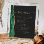 Wedding Bar Menu Emerald Green Gold Agate Dark Poster<br><div class="desc">An elegant sign for your wedding bar menu. The words "bar menu" appears in gold-coloured handwriting calligraphy with swashes at the beginning and end, with customisable text below. An emerald green watercolor agate design trimmed with gold faux glitter decorates the left border on a slate black background. See our collection...</div>