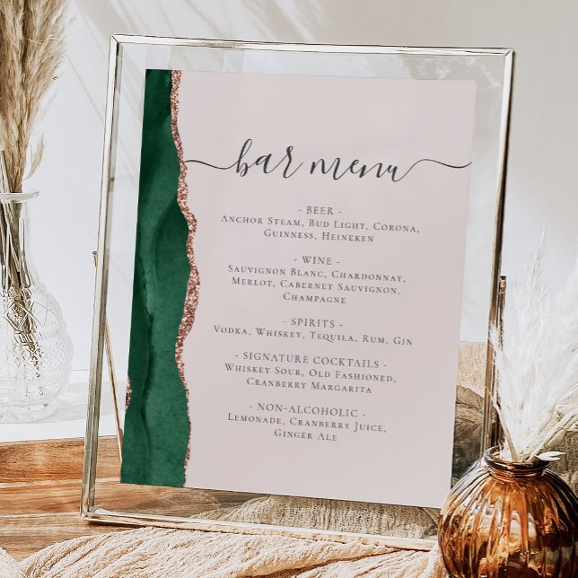 Wedding Bar Menu Emerald Green Rose Gold Agate Poster (Creator Uploaded)