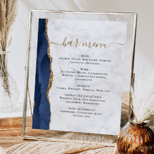 Wedding Bar Menu Navy Blue Agate Marble Poster