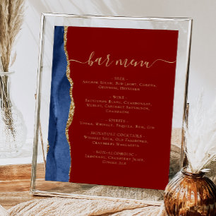 Wedding Bar Menu Navy Blue Gold Agate Burgundy Poster