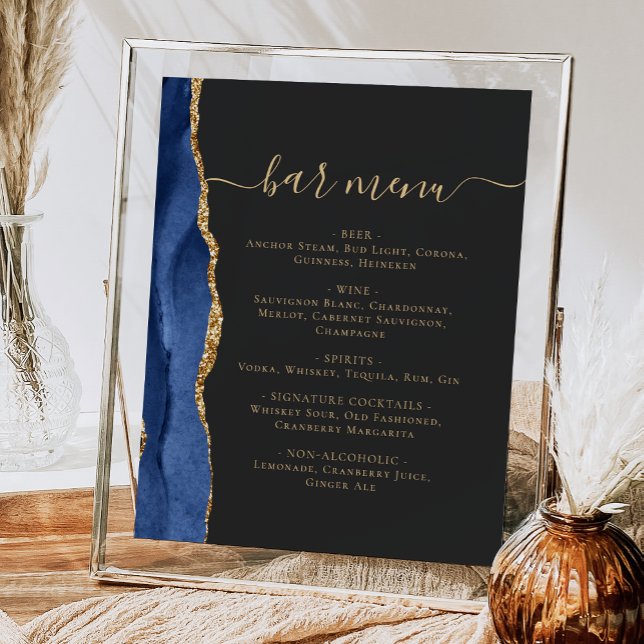 Wedding Bar Menu Navy Blue Gold Agate Dark Poster (Creator Uploaded)